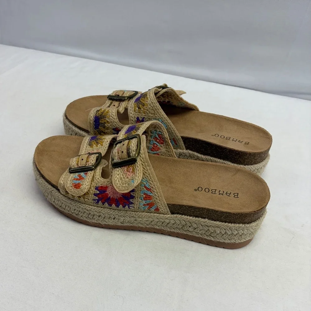 Bamboo Espadrille Platform Sandals Women Size 7 Granny Square Boho Slides Tan